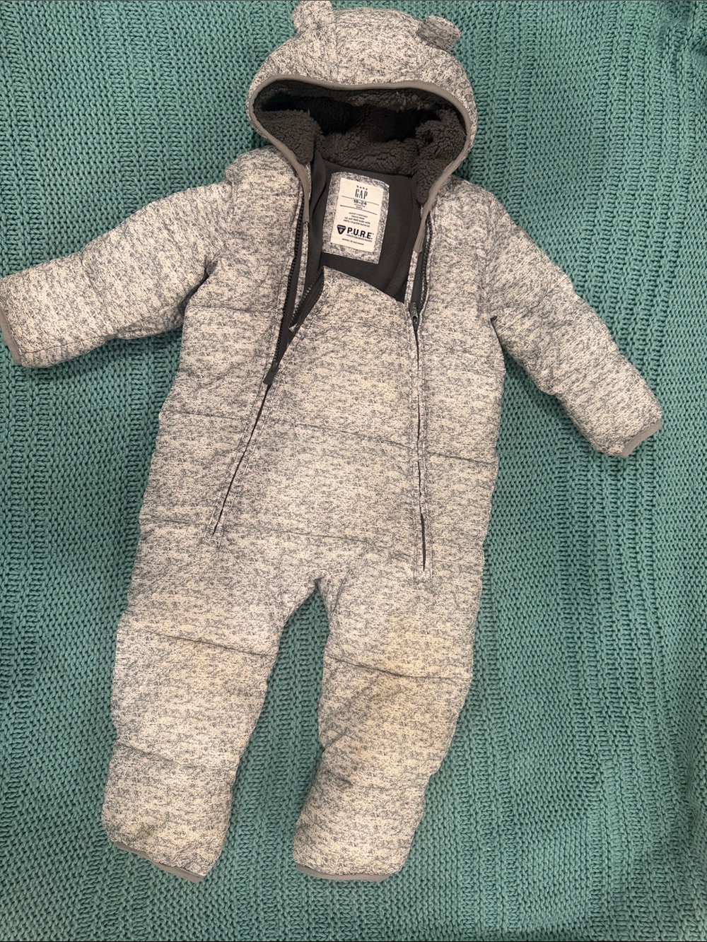 GAP Gray Heathered Puffer Baby One-Piece Snowsuit with Hood